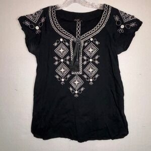 FYLO‎ Black Embroidered Tassel Top Shirt Women Medium Boho Festival India